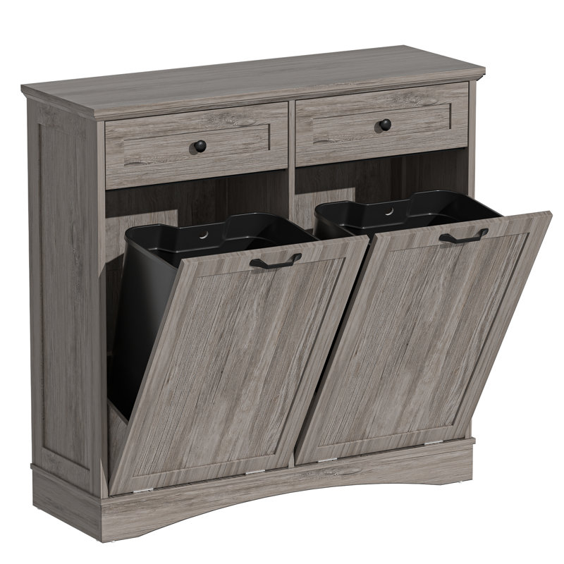 Armoire à poubelle autoportante en bois à double basculement double avec tiroirs dissimulés, support de poubelle à l'épreuve des animaux de compagnie 2 x 13 gallons pour le salon de la cuisine