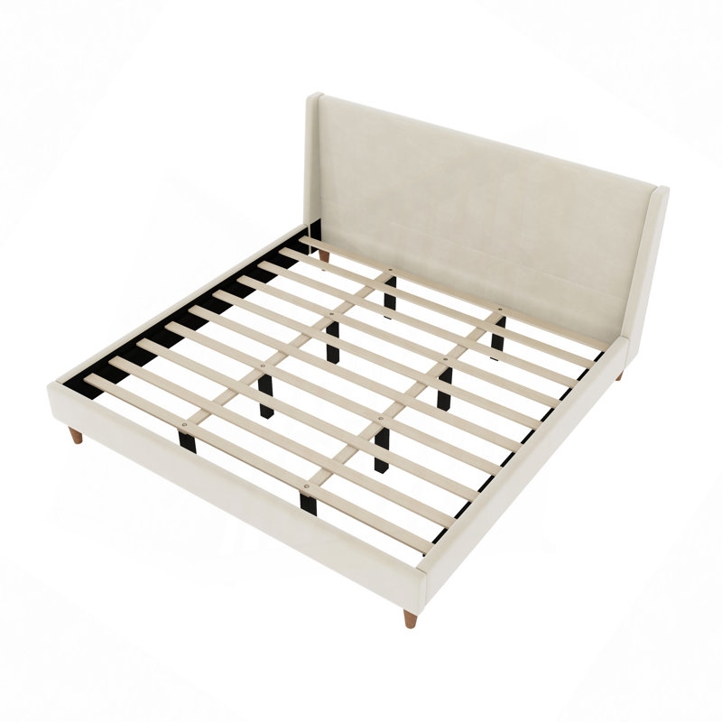 Lit plateforme tapissier en velours avec tête de lit à oreilles et pieds en bois de noyer, aucun sommier nécessaire, Beige