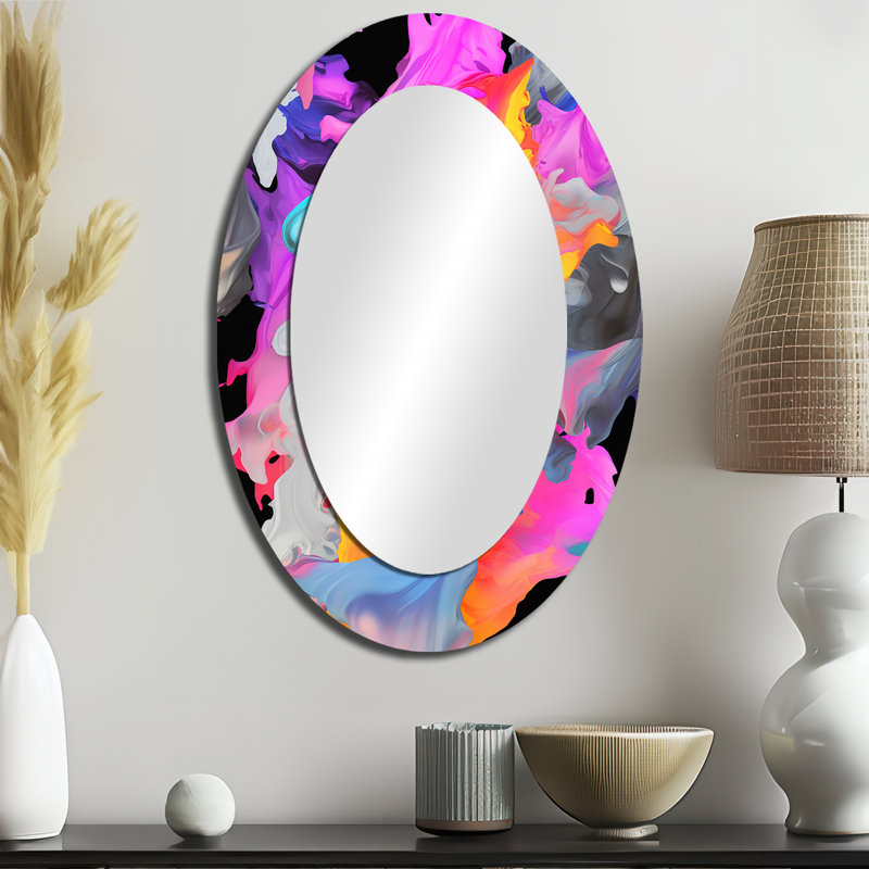 Peinture rose et bleue Fusion II - Grand miroir mural ovale sur métal, 36 po x 24 po