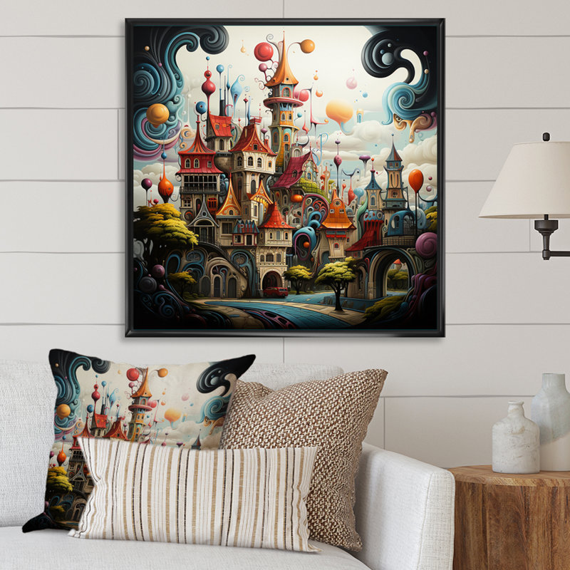 " Dreamy Castle I ", 16" H x 16" W x 1" D, Black Floater Framed