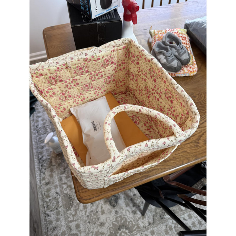 Panier de rangement en tissu fleuri bohème matelassé, bac de rangement pliable avec poche latérale et poignées renforcées