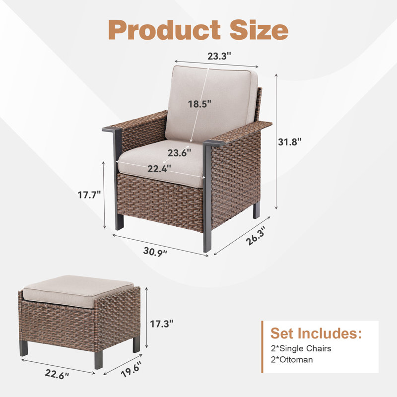 Coady All-Weather Wicker Outdoor Wide Armrest Lounge Chairs With Ottomans, Beige Cushion/Brown Frame