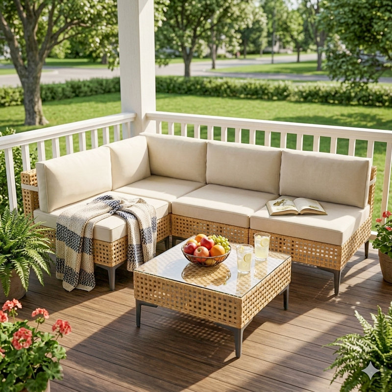 5-Piece Outdoor Patio Sectional Set With Cushions And Coffee Table – All-Weather PE Wicker, Modular Design, Boho Style