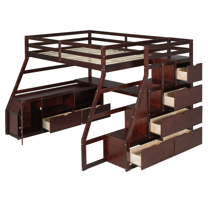 Lit mezzanine avec bureau, 7 tiroirs et 2 tablettes, Double, Espresso
