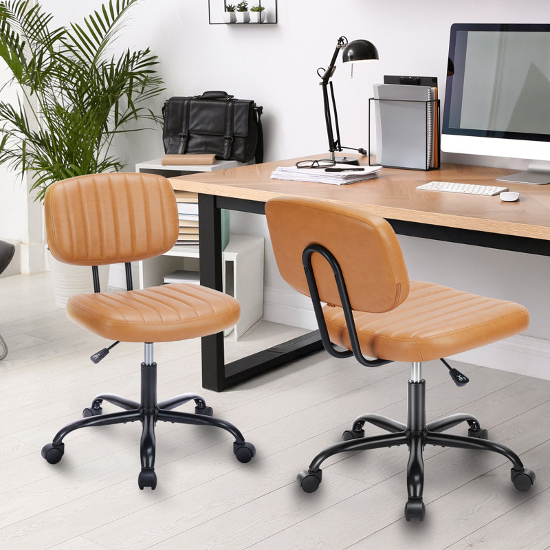 Armless Office Swivel Chair Leather Vanity Chair (Set of 2), Brown