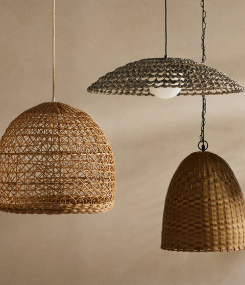 Three woven pendant lights.