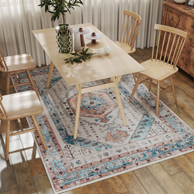 Tapis brun / bleu à motif rétro à poils courts - Complément de décor classique pour les salons et les salles à manger