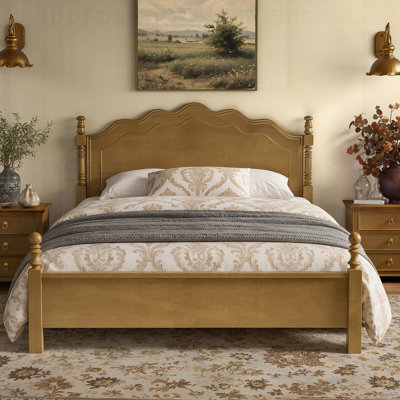 Classic American Vintage Style Wood Bed Frame with Curved Headboard, Platform Design, Strong Support, No Box Spring Needed,  for Traditional Bedrooms