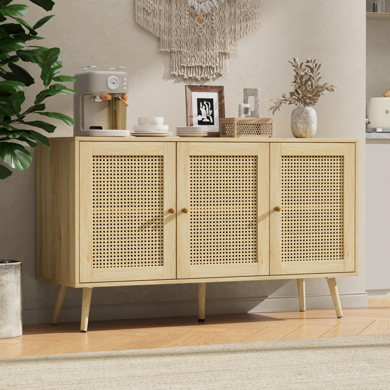 Modern Rattan Sideboard Buffet Cabinet with 3 Doors, Adjustable Shelves, Boho Storage Cabinet for Dining Room Living Room Entryway