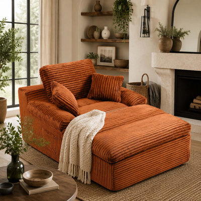 Chaise Lounge Chair Indoor, Oversized Boneless Couch,No Assembly, Wide Armrests, Dual-Layer Cushion, Cloud Reading Chair for Living Room Bedroom Apartment, Corduroy Orange