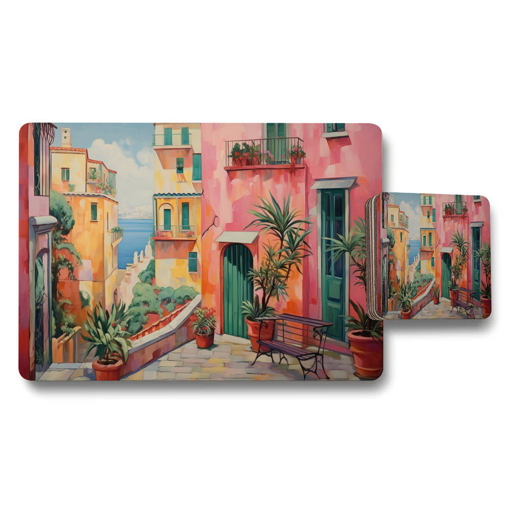 Colorful Mediterranean Street Scene Placemat and Coaster Set