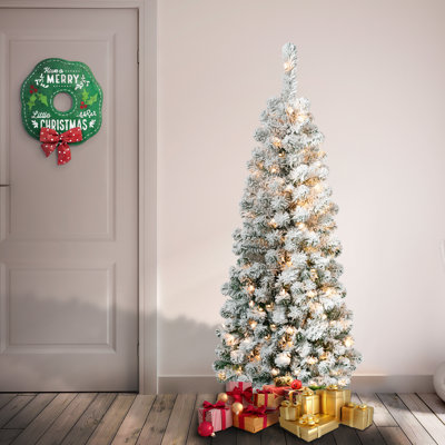 4.5ft. Evergreen Haven Pencil Slim Flocked Christmas Tree with Clear Lights