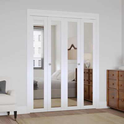 Mirrored Door Solid Wood 64"x80" Double Bi-Fold Door with Installation Hardware Kit(closet,pantry) White