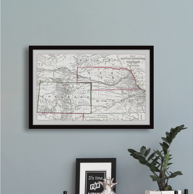 Carte du Kansas, Nebraska et Colorado - Reproduction d'art graphique sur papier encadré, H 24 po x l 36 po x 1,5 po