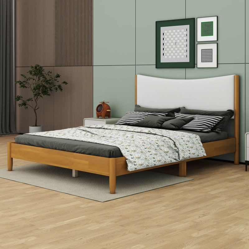 Grand lit en bois d'hévéa avec tête de lit rembourrée en velours Teddy, Hêtre blanc