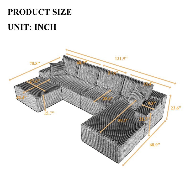 Canapé modulaire surdimensionné en U de 131,9 po de largeur, canapé modulaire profond avec repose-pieds Corduroy Comfy Cloud Couch avec repose-pieds pour le salon, aucun assemblage requis