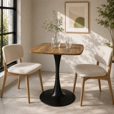 24 Inch Square Tulip Dining Table, Mid Century Modern Pedestal Kitchen Table with MDF Wood Grain Top and Matte White Metal Base, Small Bistro Table for Apartment, Cafe