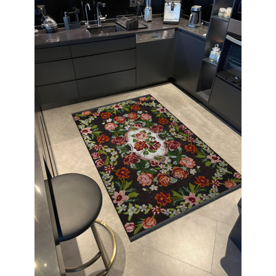 Tapis décoratif moderne rouge-rose à motif floral et rose à franges