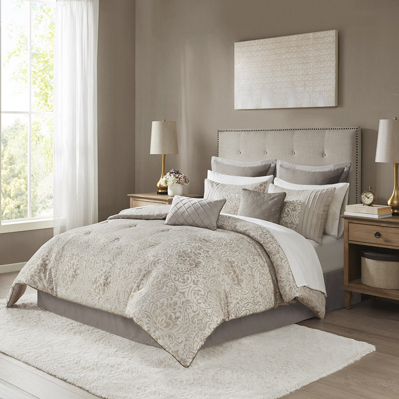 Madison Park Emilia Khaki Jacquard 12-Piece King Bed-in-a-Bag Comforter Set with Bed Sheets, Khaki