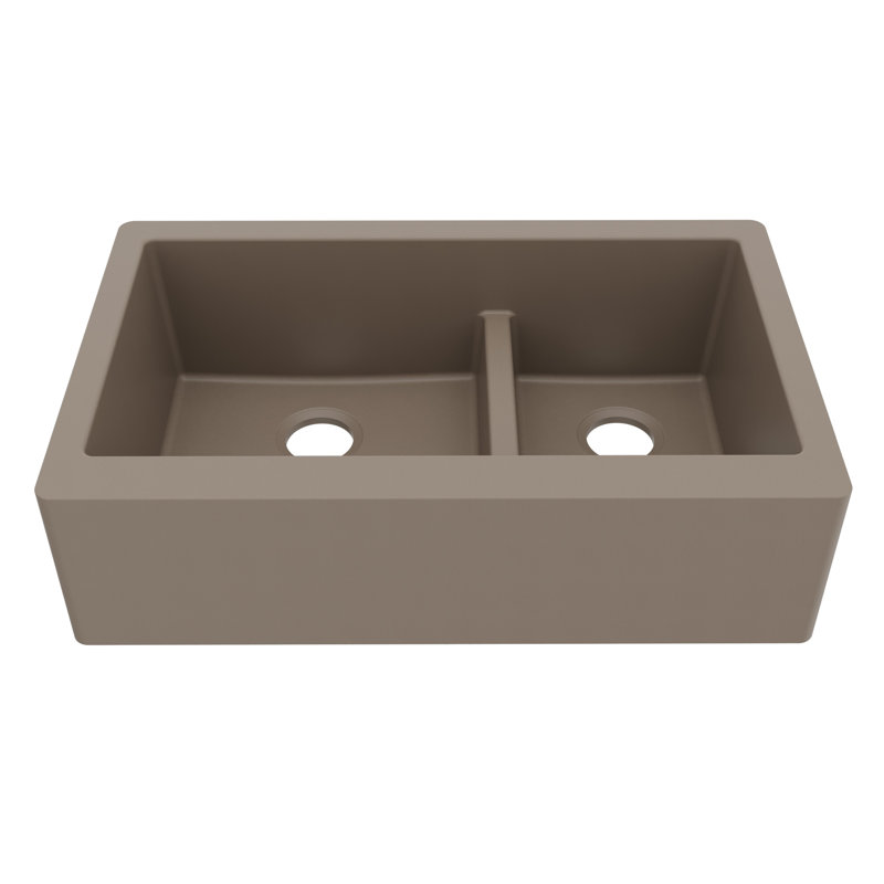 Karran Farmhouse Apron Front Quartz Composite 34'' X 21-1/4'' 60/40 Double Bowl Kitchen Sink, Matte Concrete