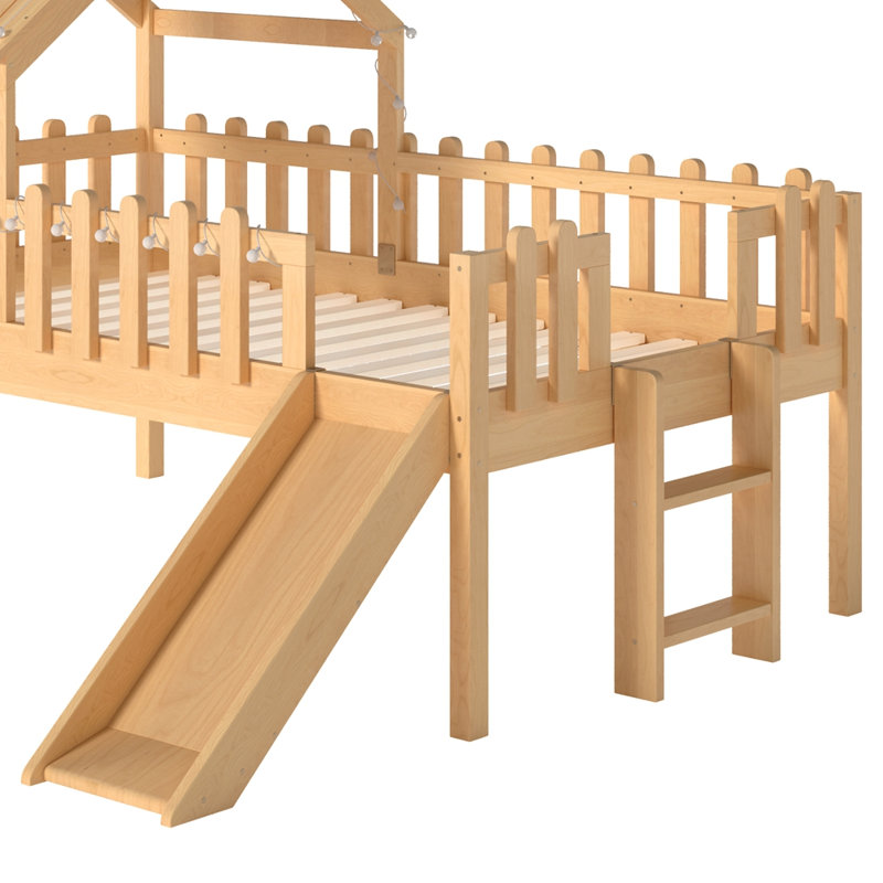 House Loft Bed with Slide,Playhouse Bed with Star Moon-shaped Designs and Window, Chic Design with LED Lights,No Box Spring Needed