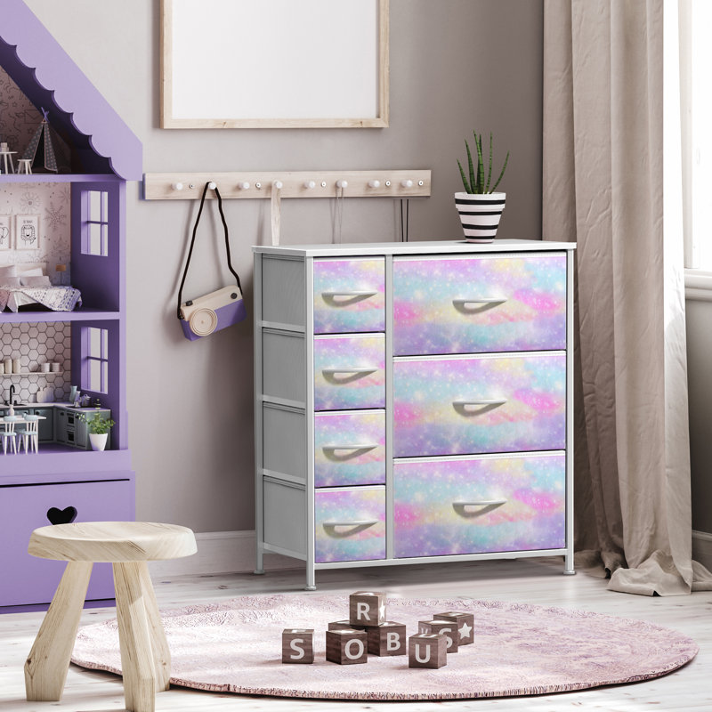 Commode 7 tiroirs Sorbus avec structure en acier et commode TSorbus en bois avec 7 tiroirs, Mauve abstrait