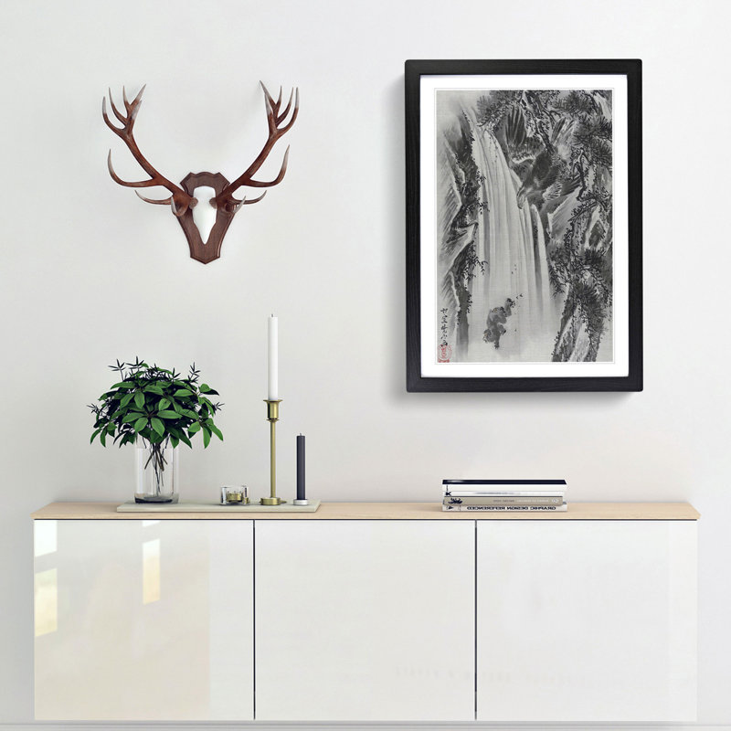 Eagle & Monkey by a Waterfall by Kawanabe Kyosai - Picture Frame Painting Print, 65cm H x 48cm W x 2cm D, Black Framed