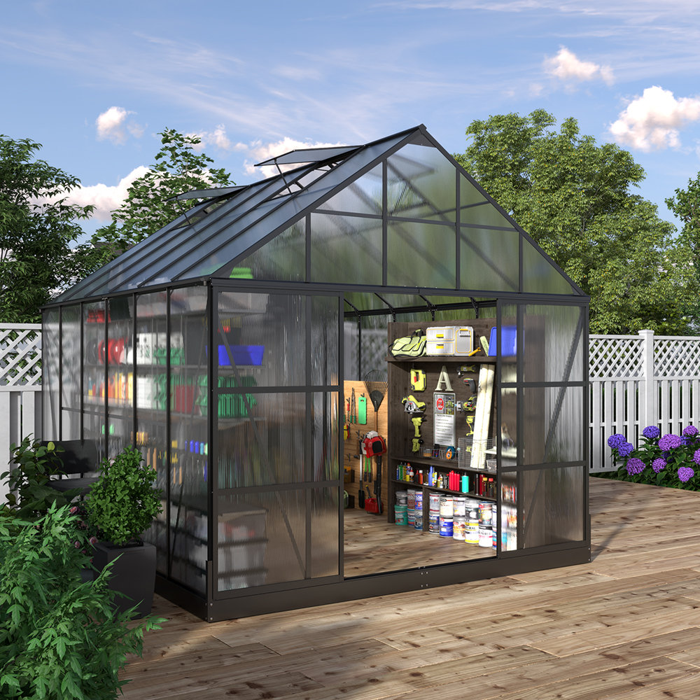 WEPATIO 12X10x10 FT Polycarbonate Greenhouse Walk In Premium   Wepatio 12x10x10 Ft Polycarbonate Greenhouse Walk In Premium Professional Greenhouse 2 Sliding Doors 4 Vents Storage Shed Sunroom Hot House For Outdoor Garden Backyard Matte Black 