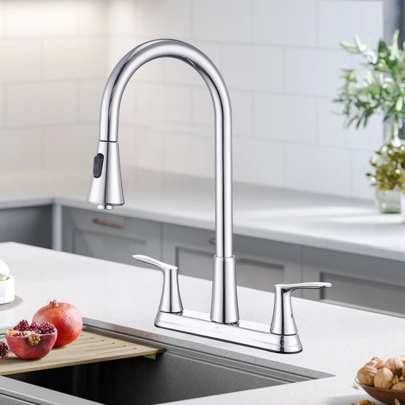 2 Handle Kitchen Faucet For 3-Hole Sink, 360° Rotating Nozzle, Chrome