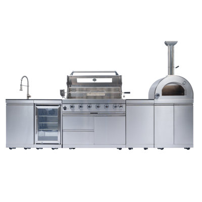 Barbecue pour îlot de cuisine au gaz en acier inoxydable double 128 pouces 120000 BTU + four à pizza + réfrigérateur à vin compact + rôtissoire + comptoirs en granit + armoires et tiroirs de rangement