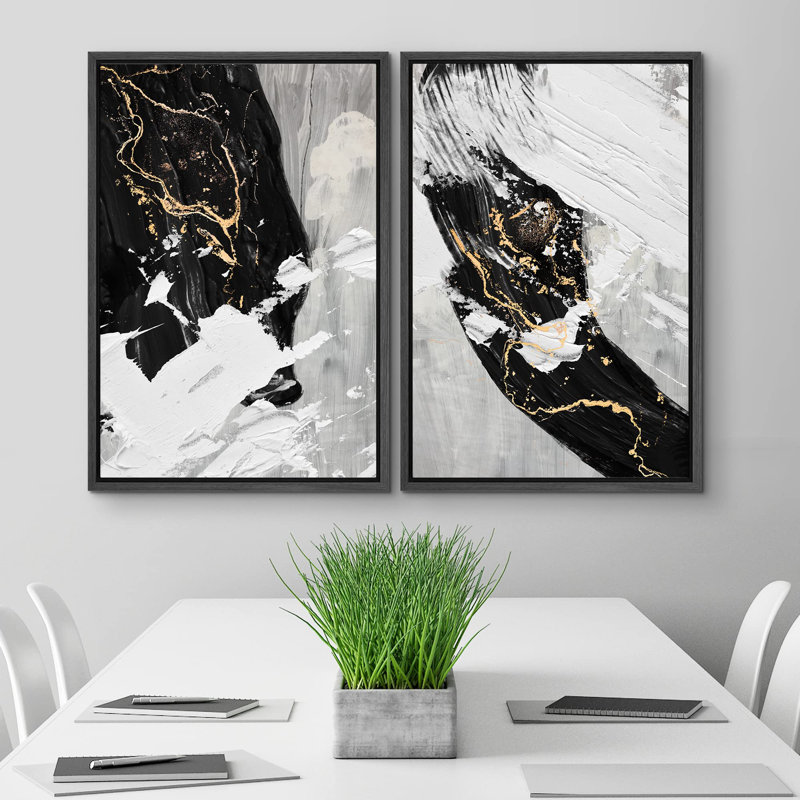 Noir et blanc, or, peinture, collage, formes abstraites, art moderne, décoration murale minimale, 2 pièces, Noir