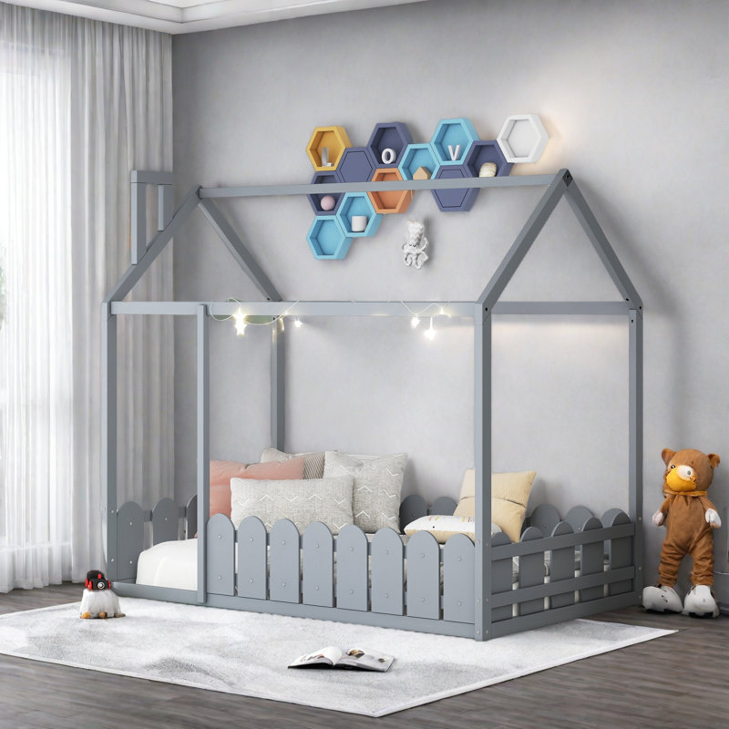 Twin Size Wood Bed House Bed Frame With Fence,For Kids,Teens, Girls,Boys, Gray