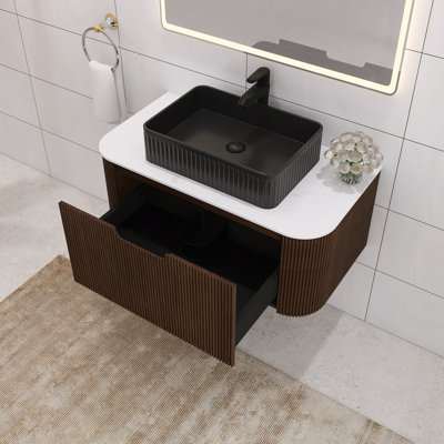 36" Bathroom Vanity With Sink, Wall-Mounted Floating Curved Edges Striped Bathroom Storage Cabinet With Drawer