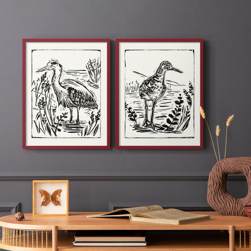Linocut style Seabird I-Premium, reproduction encadrée prête à accrocher - aucun clou requis - aucun clou requis, Rouge