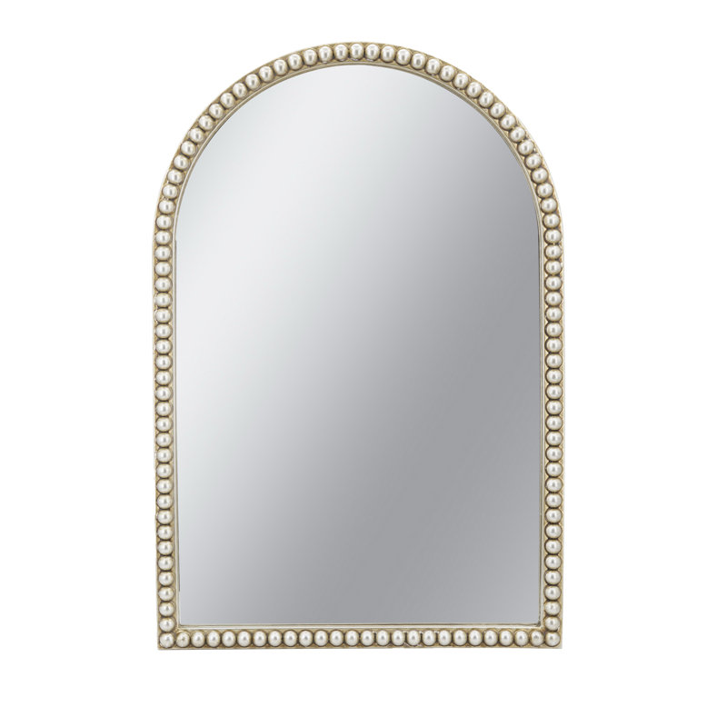 Champagne Gold Arched Wall Mirror with Pearl Beaded Trim for Bedroom and Living Room Decor
