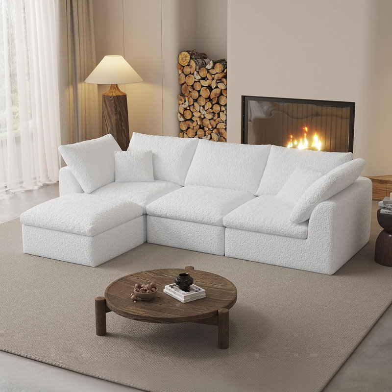 Canapé modulaire en L à compression en L, canapé modulaire avec repose-pieds modulaire en L, canapé en osier en chenille, canapé à assise profonde avec 4 coussins pour le salon, aucun assemblage requis