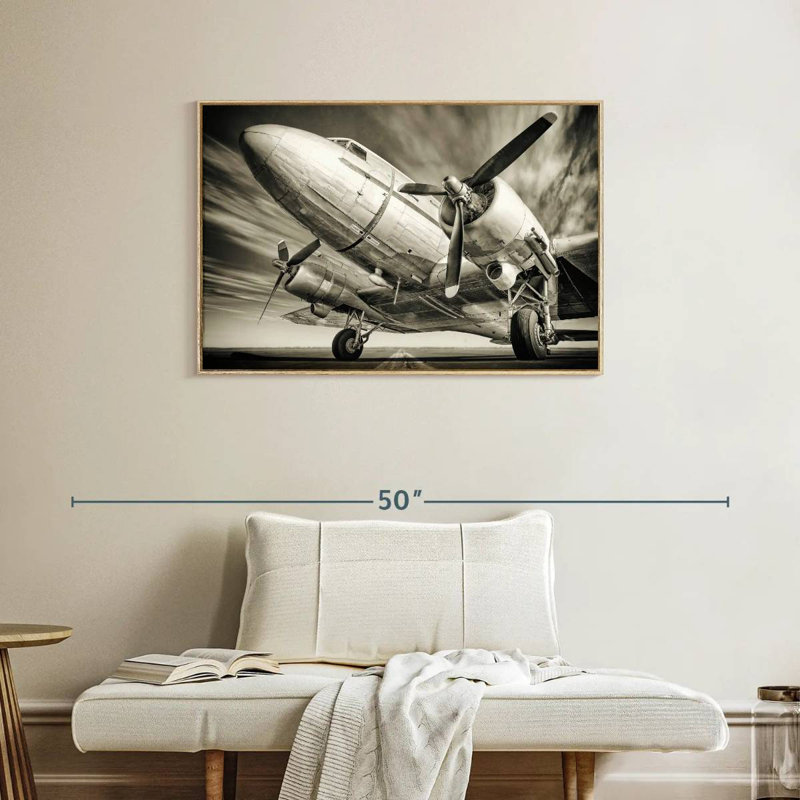 Avion rétro monochrome, Cadre flottant en bois naturel, 37 po x 25 po