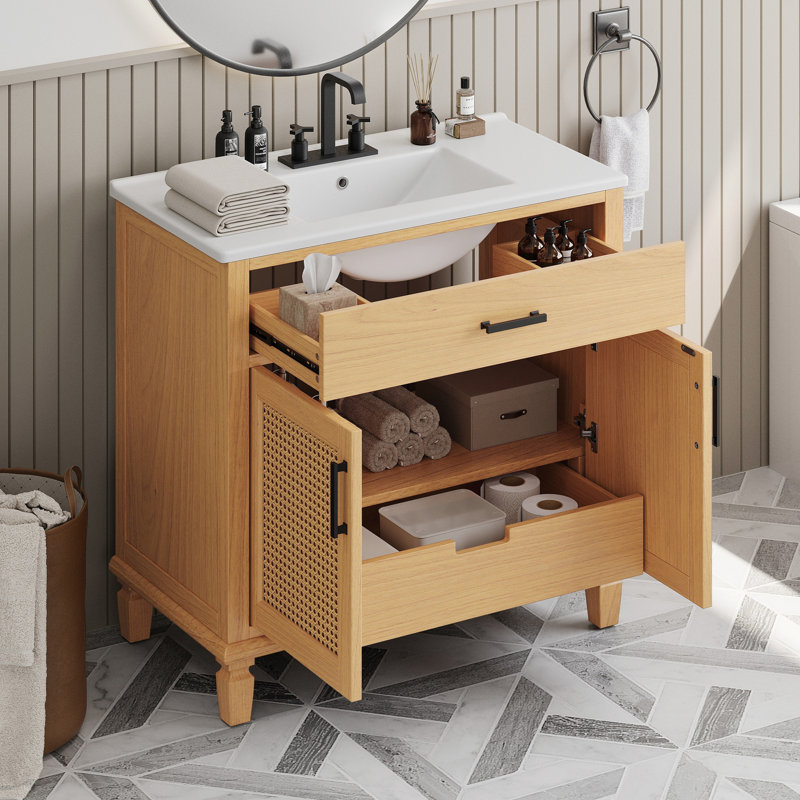 Meuble-lavabo en rotin avec lavabo en céramique, Naturel
