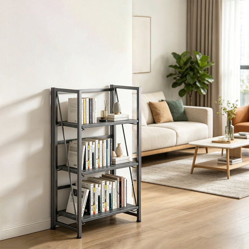 Bibliothèque pliante, étagère de rangement à 3 niveaux pour bureau à domicile, sans assemblage, Gris/noir