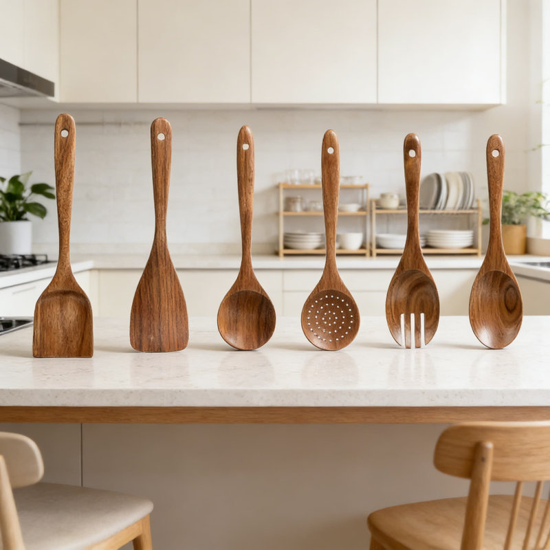 Acacia Wooden Cooking Utensil Set, 6-Piece Nonstick Kitchen Spoons And Spatulas For Everyday Cooking Tasks, Durable And Heat-Resistant