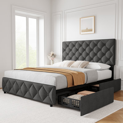 Base de lit rembourrée avec tête de lit réglable et 4 tiroirs de rangement - Bouton capitonné à losanges - Plateforme robuste et silencieuse - Aucun sommier nécessaire - Disponible en double - (Gris foncé)