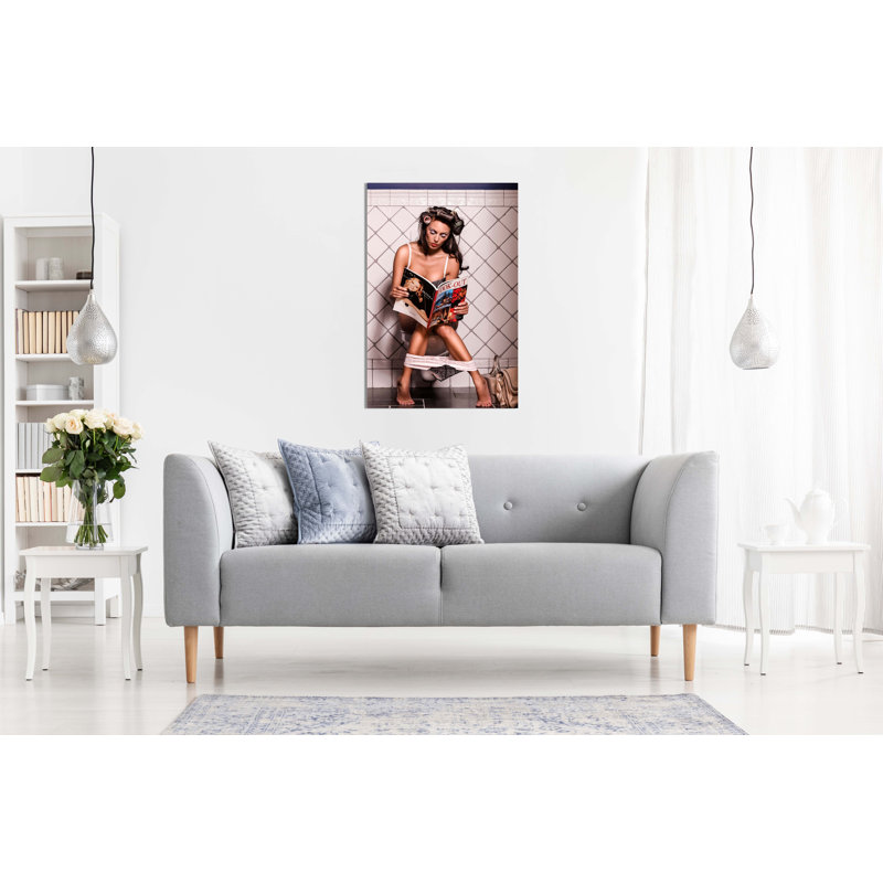 Girl Model Peeing While Reading Magazine - Wrapped Canvas Print, 31cm H x 20cm W x 3cm D
