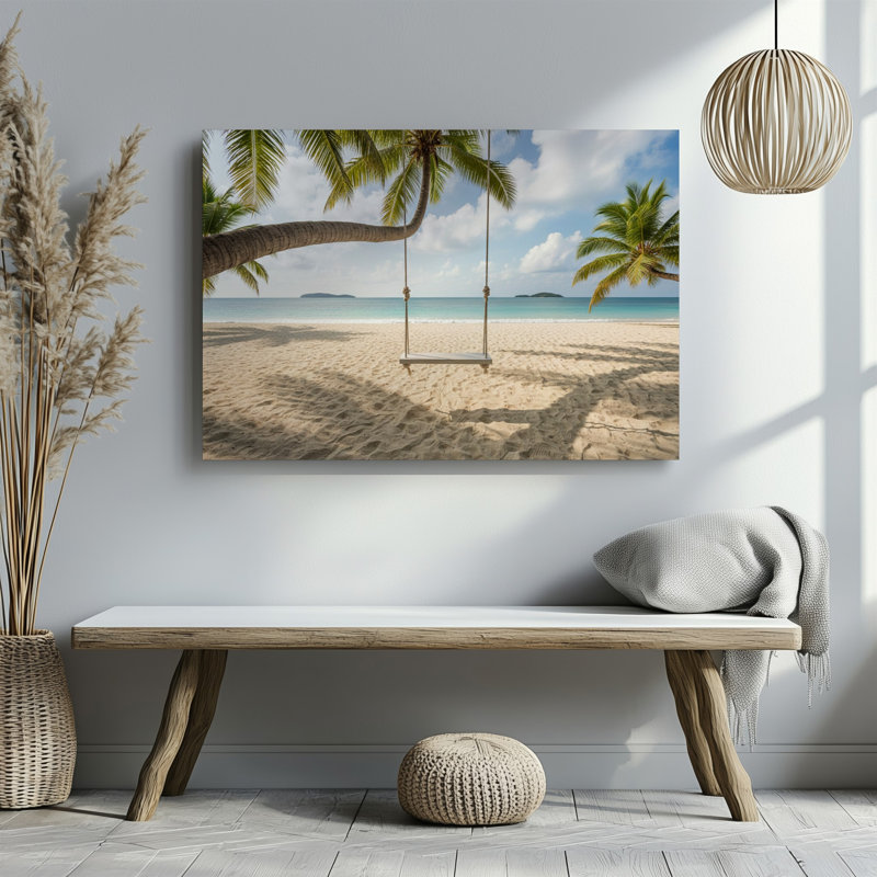 Toile une scène de plage tropicale sereine avec une balançoire blanche simple suspendue à un palmier placée sur un fond de toile