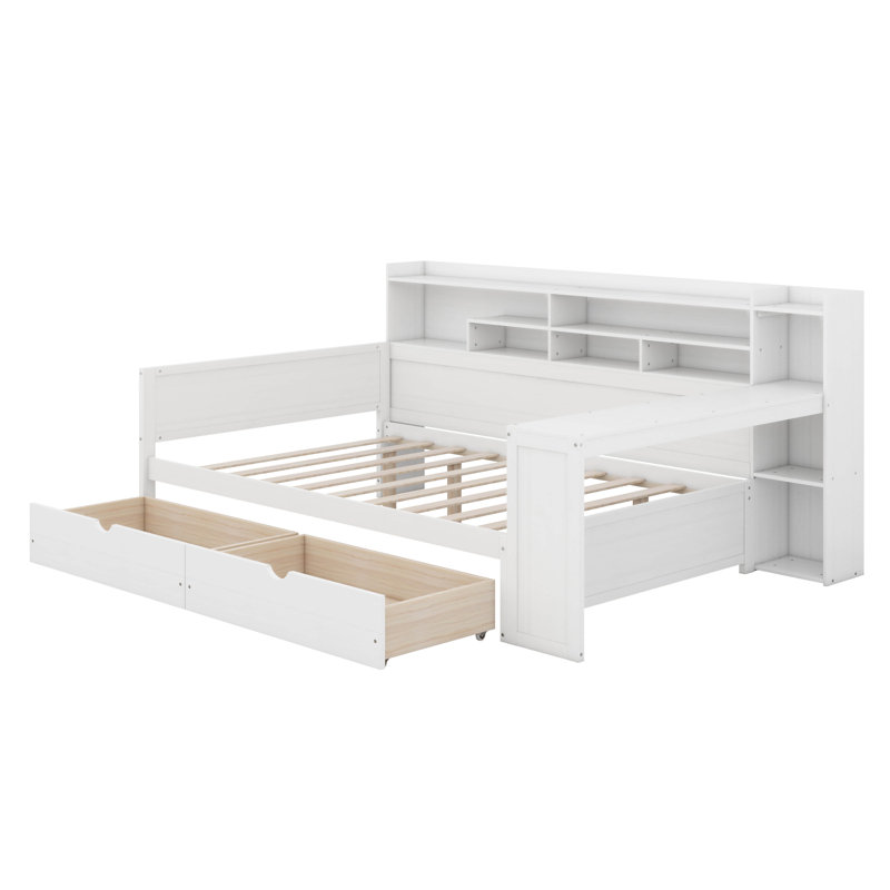 Lit multifonctionnel en bois avec deux tiroirs de rangement et bureau Vrishin, Blanc antique