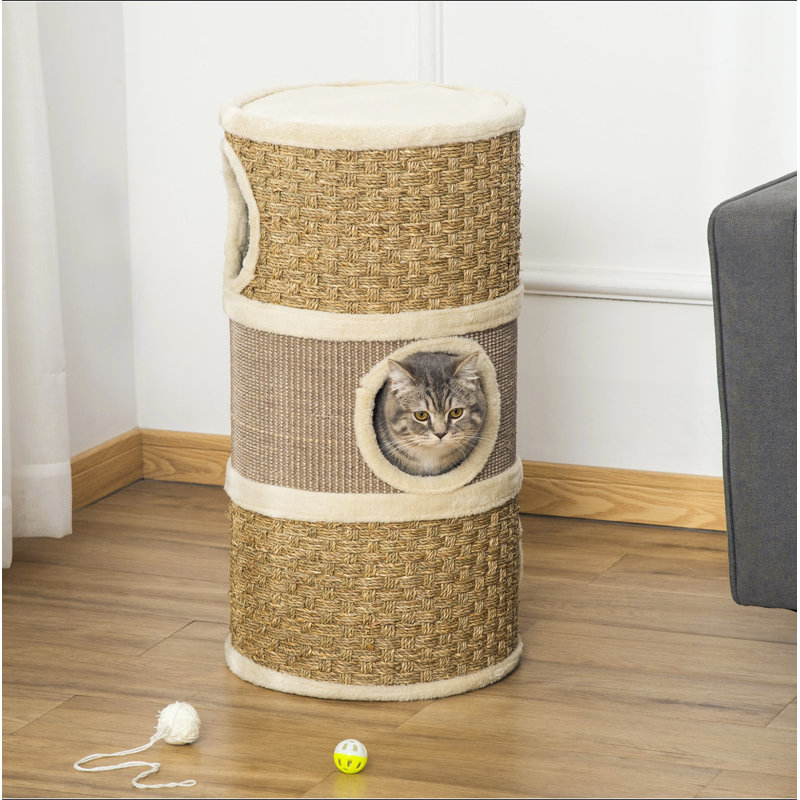 Habitation pour chat 28 pouces PawHut, cachette pour chat à 3 étages avec patin à griffes en sisal, petit arbre à chat en forme de tonneau pour chats d'intérieur, kaki et brun