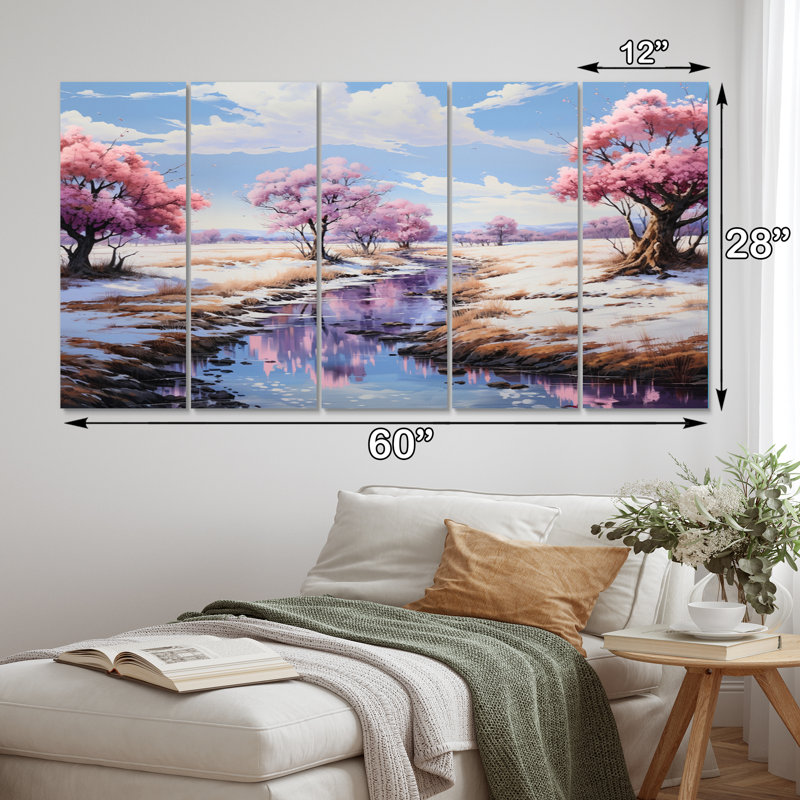 «Pink Coral Riverside Serenity - Lakes and Rivers», reproduction sur toile - 5 panneaux égaux