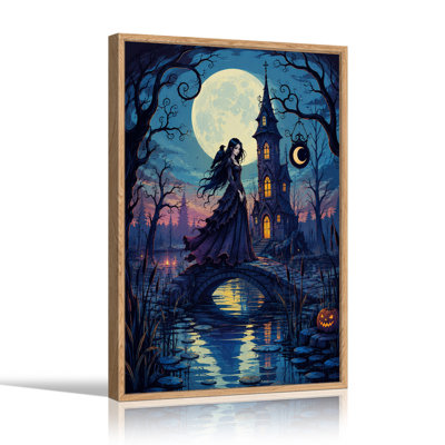 «Gothic Woman with Raven on Bridge Near Spooky Halloween», art mural sur toile