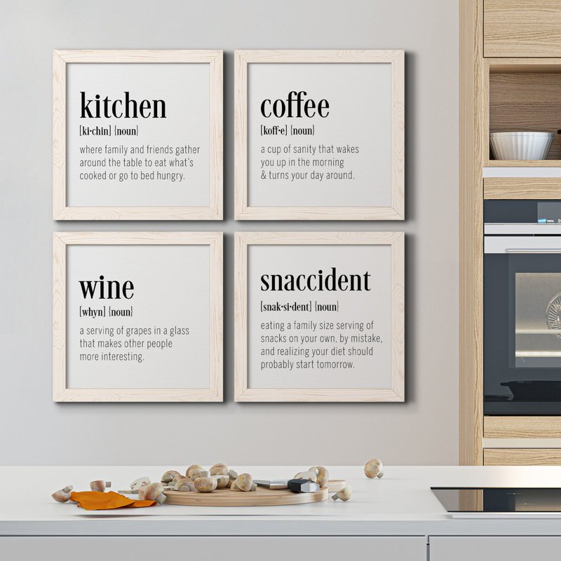 Kitchen Kitchen - ensemble de 4 peintures sur toile encadrées, Toile avec encadrement blanc, H 17 po x l 34 po x P 1,5 po