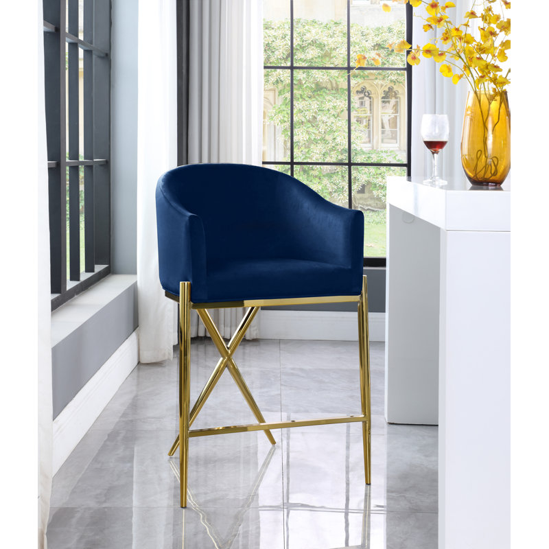 Xavier 26.5" Counter Stool, Navy Velvet, Gold