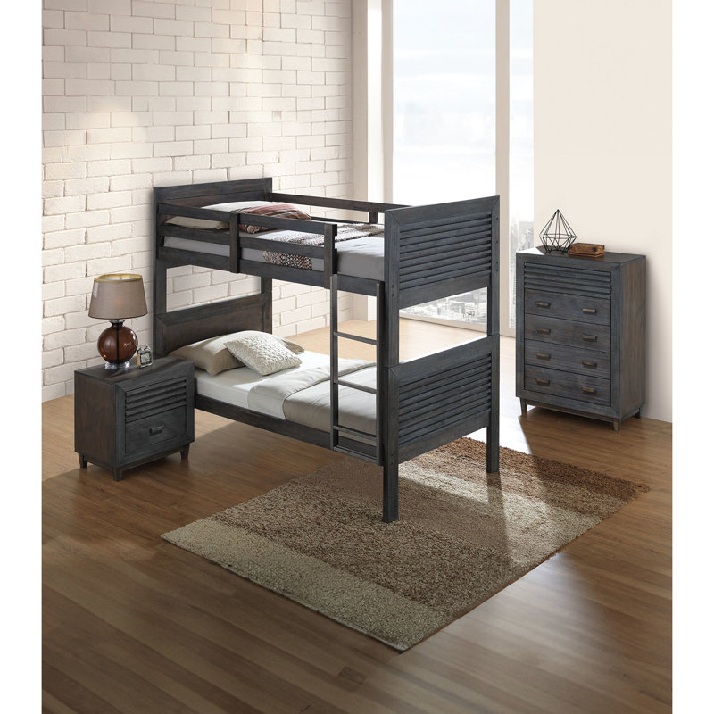 Charcoal Brown Solid Hardwood Twin Over Bunk Bed With Reversible , Slat Design, Panel Headboard And , Insert & Lock, Bedroom Embellishment Transitional Wood Construction, Convertible Accent